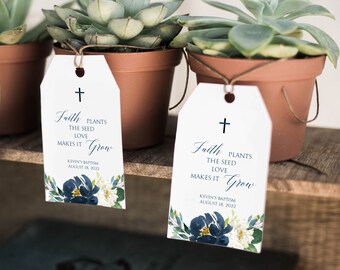 Plantilla de etiqueta de regalo para bautismo en la Marina, etiqueta de regalo con forma de planta, etiqueta de regalo con la frase "La fe planta la semilla, el amor la hace crecer", 100 % editable, etiqueta para hacer uno mismo, Templett, P19