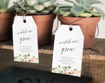 Etiquetas de Blush Watch Me Grow, plantilla de etiqueta de regalo para baby shower, etiqueta de regalo de plantas, 100 % editable, etiqueta de regalo suculenta, etiqueta floral, Templett, P18
