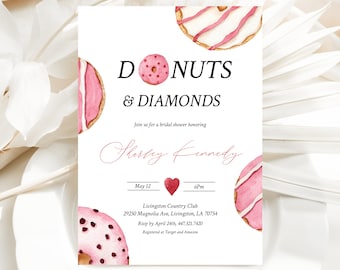 Donuts & Diamonds Bridal Shower Invitation Template Dessert Bridal Shower Invite Pink Donut Themed Bridal Brunch Sweets Invite Templett, P90