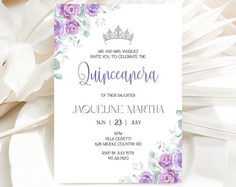 Puede incluir: Una invitación a una Quinceañera con un diseño floral morado. La invitación presenta una corona plateada, el texto "Quinceañera" y el nombre "Jacqueline Martha". La invitación también incluye la fecha "Sun 23 July", la hora "6PM", la ubicación "Villa Olivetti, 628 Middle Country Rd" y la información RSVP "RSVP antes del 15 de julio, 447.3217420".