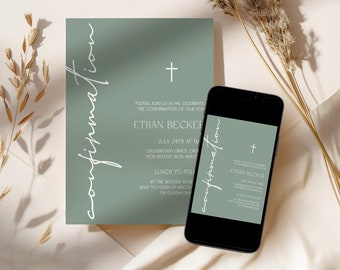 Confirmation Invitation Sage Green Template Confirmation Minimalist Boy And Girl Religious Invitation Printable Confirmation Invite PZ74