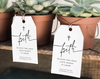 La fe planta la semilla El amor la hace crecer Etiqueta de regalo minimalista Plantilla de etiqueta de regalo de bautismo Etiqueta de regalo de planta simple Planta de regalo religiosa, P79