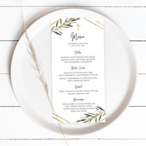 Szablon menu chrztu złotego, karta menu zieleni, karty menu religijnego, 100% edytowalne, menu kolacji, do druku, karta menu oliwkowego, Templett, P22