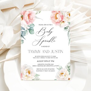 Peonies Baby Sprinkle Invitation Template, Girl Baby Sprinkle Invite, 100% Editable, Floral, Baby Shower, Printable, Light Pink Peonies, P71