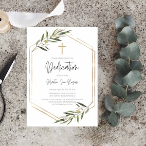 Greenery Dedication Invitation, Boy Dedication Invitation, Gold Dedication Invite, Templett, Editable Dedication Invitation, Dedication, P22