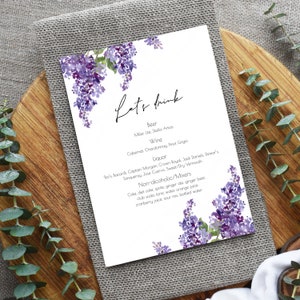 Plantilla de menú de barra floral lila, menú de barra abierta, signo de menú de barra púrpura, Boho, The Bar, Naturaleza, 100% editable, bricolaje, imprimible, Templett, P59