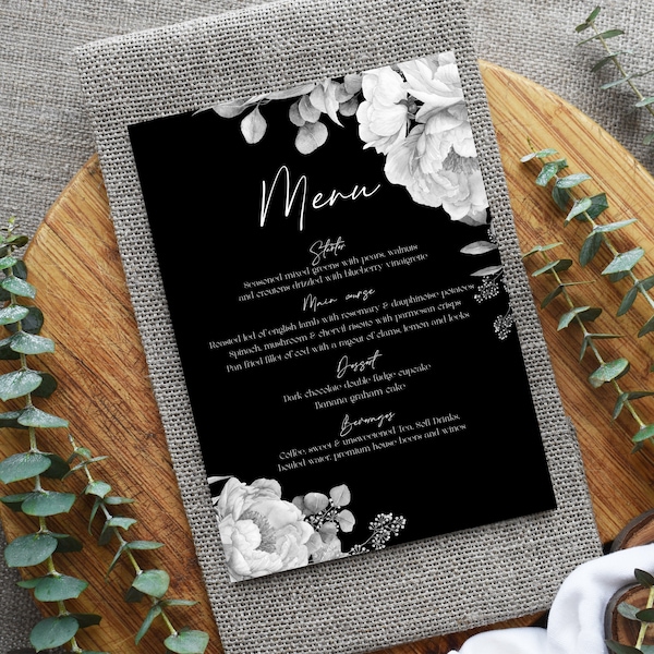 Black And White Peonies Menu Card Template, Dark Floral Wedding Menu, 100% Editable, Printable Menu, Dinner Menu, Grey, DIY, Templett, P76