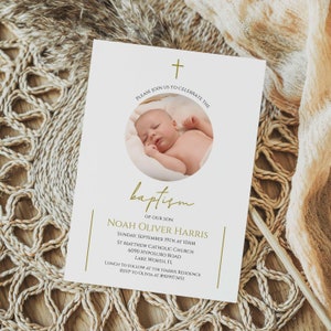 Gold Baptism Invitation Template Photo Baptism Invitation Gender Neutral Invitation Baptism Evite Digital Instant Download Templett M09