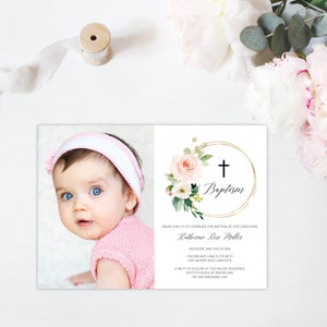 Girl Baptism Invitation, Editable Baptism Invite, Baptism Invitation Template, Religious Invitation, Dedication Invitation, Pink Gold, P18