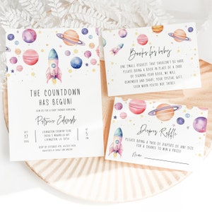 Weltraum-Themed Babypartyeinladungs-Set für Mädchen-Babyparty-bearbeitbares Raumschiff-Babyparty-Einladungsschablone Neues Baby druckbares Templett, P91