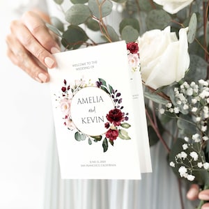 Burgundy Wedding Program Template, Folded Booklet, Ceremony Template, Folded Wedding Program, Marsala, Catholic Ceremony Program,P26