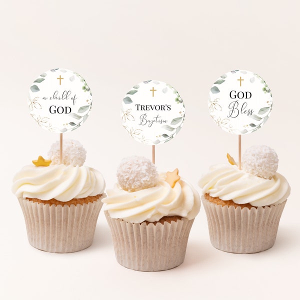 Gold Greenery Baptism Cupcake Toppers, Printable Cupcake Topper Template, Boy Baptism Decoration, Gold Leaves, 100% Editable, Templett, P31