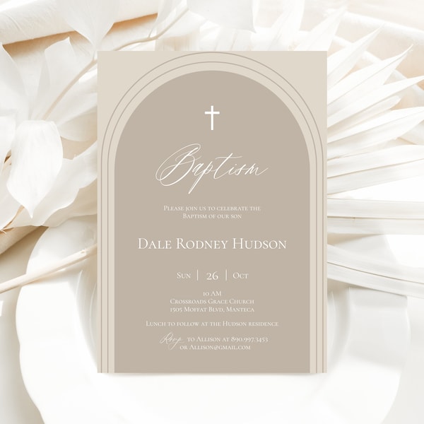 Baptism Invitation Template With Arch Baptism Religious Invite Editable Neutral Beige Baptism Invitation Printable DIY Instant Download M02