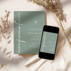 Modèle d'invitation de confirmation vert sauge, invitation religieuse minimaliste pour garçon et fille, invitation de confirmation imprimable PZ74