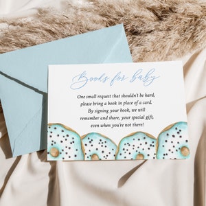 Modèle de carte de demande de livre de beignet Demande de livre de fête de naissance pour garçon Livres de desserts pour insertion de bébé Apportez un livre au lieu d’une carte Templett P90