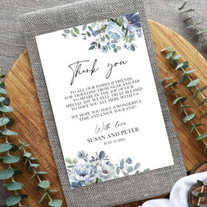 Plantilla de nota de agradecimiento floral azul, 100% editable, carta de agradecimiento azul polvoriento, nota de bienvenida de boda, imprimible, descarga instantánea, bricolaje, P78
