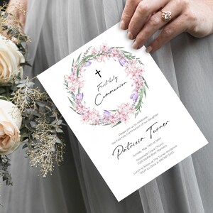 Hyacinth First Holy Communion Invitation Template, Girl First Communion, Pink Hyacinth Invite, Templett, Floral Wreath Religious Invite, P56