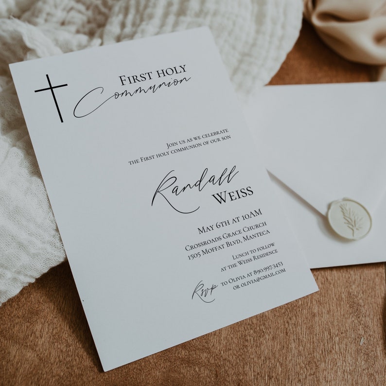 May include: White card with black text announcing the First Holy Communion of Randall Weiss. The event will be held at Crossroads Grace Church on May 6th at 10am, followed by lunch at the Weiss residence. RSVP information is included.