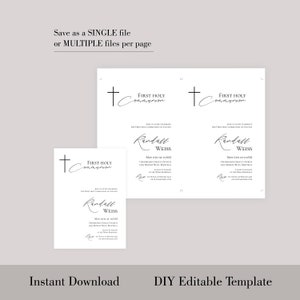 May include: A printable template for a First Holy Communion invitation. The invitation features a cross, the text "First Holy Communion", and the name "Randall Weiss".