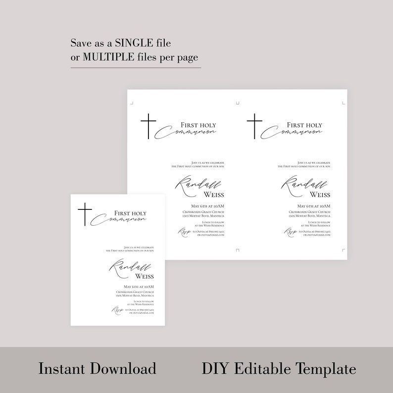 May include: A printable template for a First Holy Communion invitation. The invitation features a cross, the text "First Holy Communion", and the name "Randall Weiss".