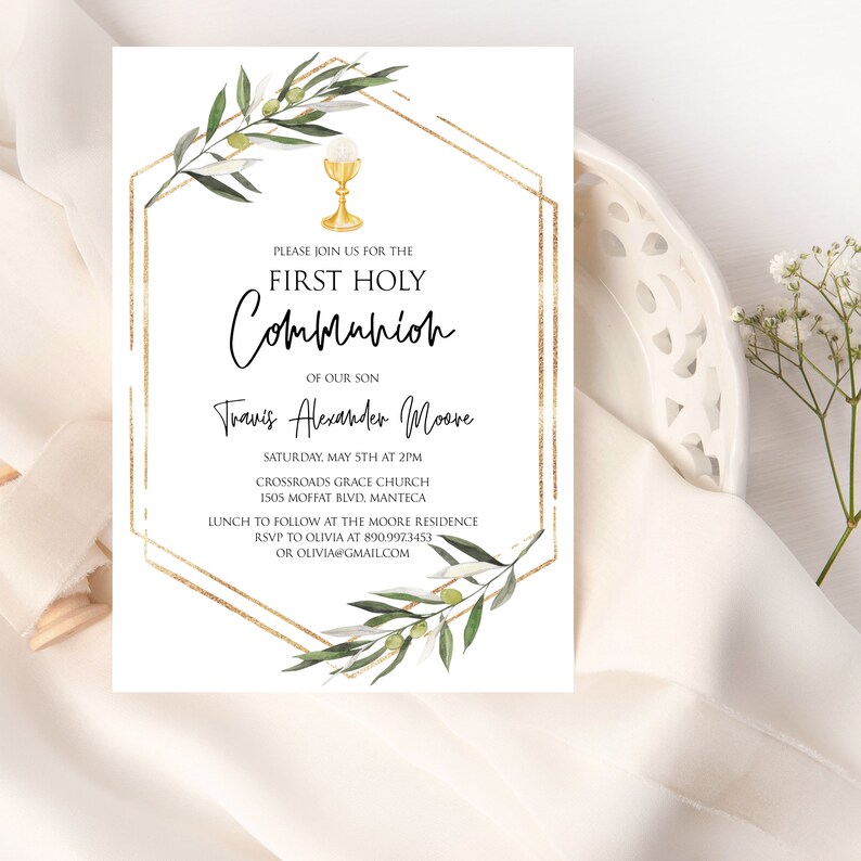 May include: A white invitation with gold accents and a green olive branch design. The invitation is for a First Holy Communion for Travis Alexander Moore. The event will be held on Saturday, May 5th at 2pm at Crossroads Grace Church, 1505 Moffat Blvd, Manteca. Lunch will follow at the Moore residence. RSVP to Olivia at 890.9973453 or olivia@gmail.com.