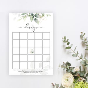Gold Greenery Bridal Shower Bingo Game Card, 100% Editable, Greenery Bridal Shower Game, Templett, Instant Download, Bridal Bingo Game, P31
