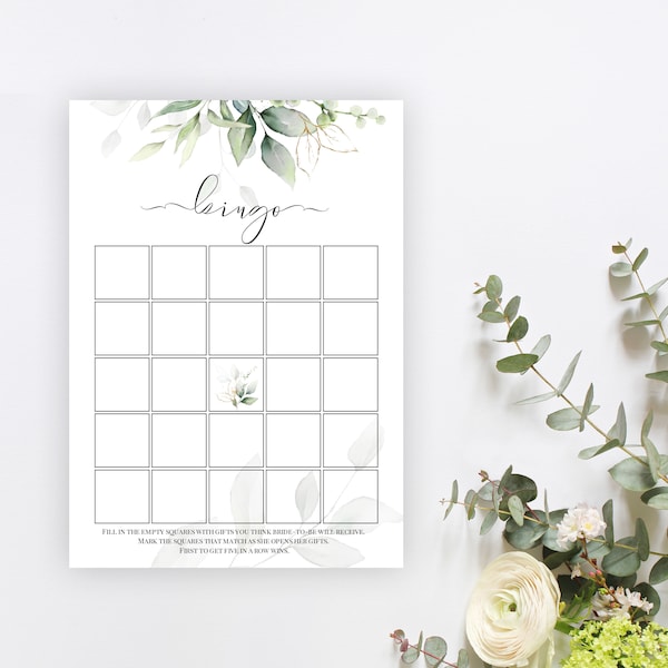 Gold Greenery Bridal Shower Bingo Game Card, 100% Editable, Greenery Bridal Shower Game, Templett, Instant Download, Bridal Bingo Game, P31