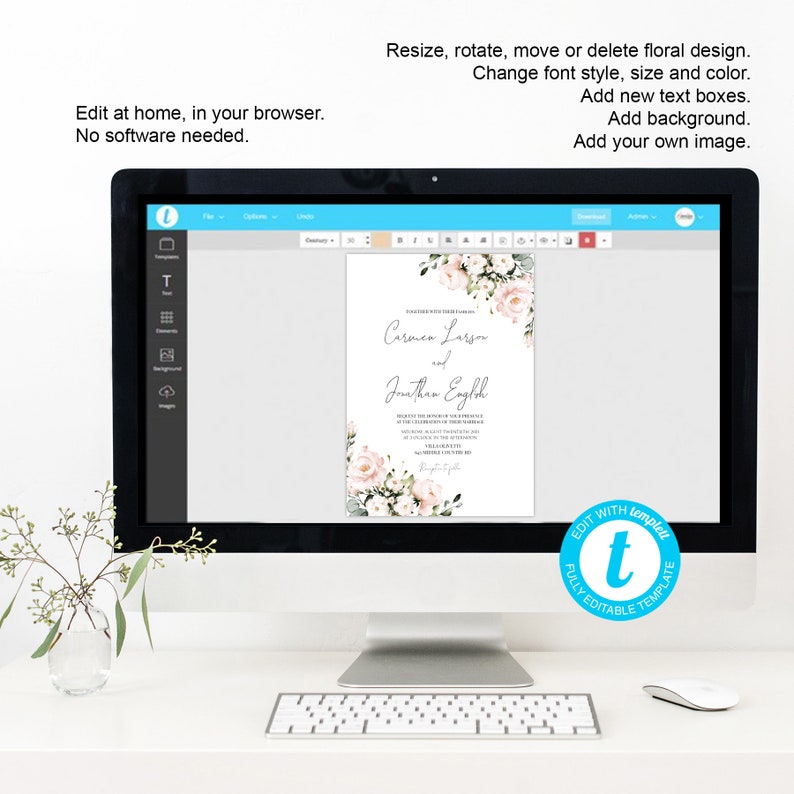 Puede incluir: Una pantalla de ordenador que muestra una plantilla de invitaci&oacute;n de boda con un dise&ntilde;o floral. La plantilla es personalizable con cuadros de texto, colores de fondo e im&aacute;genes. El texto de la invitaci&oacute;n dice "Carmen Larson y Jonathan Engleh." La pantalla tambi&eacute;n muestra un logotipo de "Plantilla totalmente editable".