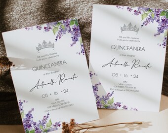 Puede incluir: Dos tarjetas blancas con diseños florales morados y coronas plateadas. El texto en las tarjetas dice "MR. and Mrs. Gutierrez Invite you to celebrate the QUINCEANERA of their daughter Antonella Renata 05.16.24 OPM VILLA OLIVETTI 608 MIDDLE COUNTRY RD RSVP to Roquel at 8909973453".
