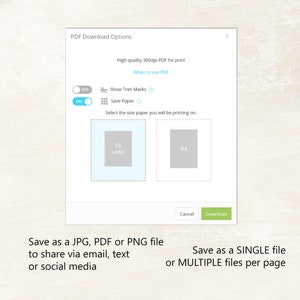 May include: A screenshot of a PDF download options menu. The menu has options to show trim marks, save paper, and select the paper size. The paper sizes are US Letter and A4. The menu also has buttons for Cancel and Download.