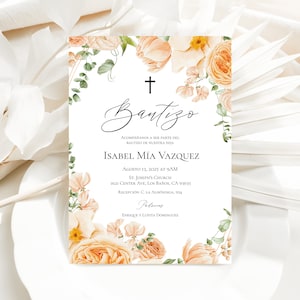 Invitacion de Bautizo Invitation In Spanish Invitaciones Bautizo Peach Florals Religious Invite Girl Baptism Invite Printable Templett, P82