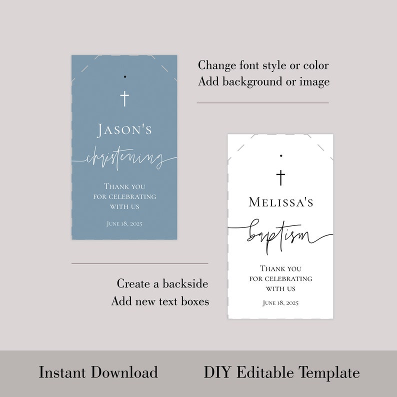 Plantilla de etiqueta de recuerdo de bautismo Descarga de etiqueta de recuerdo religiosa sencilla para imprimir Etiqueta de recuerdo de bautismo moderna Descarga instantánea Etiqueta de recuerdo editable Templett P79 imagen 3