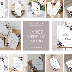 Purple Gold Wedding Invitation Set, Wedding Invitation Suite Template, Printable Wedding Bundle, 100% Editable, DIY Bundle, Templett, P29