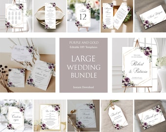 Purple Gold Wedding Invitation Set, Wedding Invitation Suite Template, Printable Wedding Bundle, 100% Editable, DIY Bundle, Templett, P29