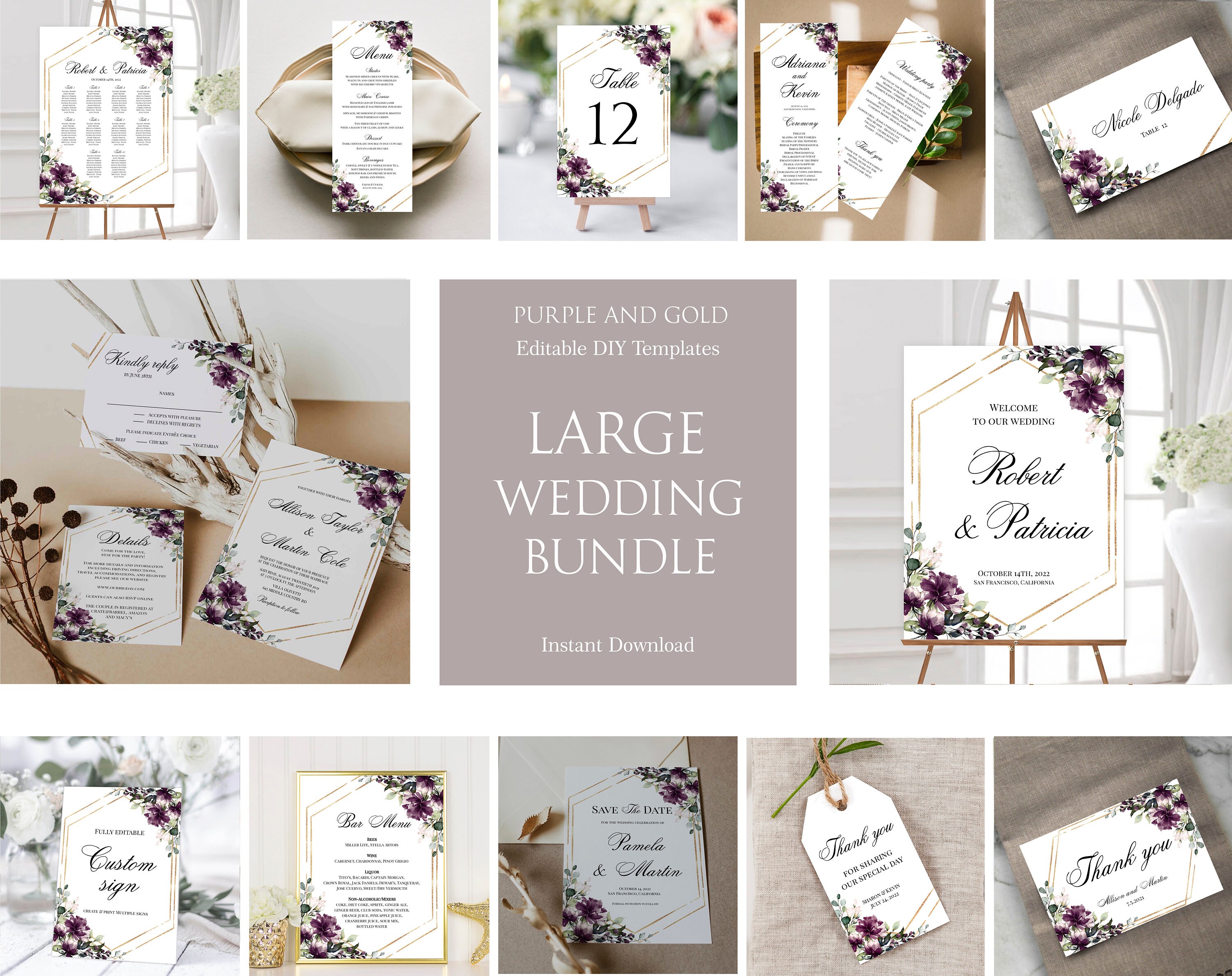 Purple Gold Wedding Invitation Set, Wedding Invitation Suite Template, Printable Wedding Bundle, 100% Editable, DIY Bundle, Templett, P29