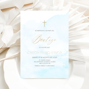 Invitacion de Bautizo Azul Claro, Bautizo Invitation In Spanish, Invitaciones Bautizo, Blue Religious Invite, Boy Baptism, Templett, P72