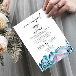 Mountain We Eloped aankondiging sjabloon, bos bruiloft aankondiging, afdrukbaar, 100% bewerkbaar, natuur, Woodland Pine, Templett, P40