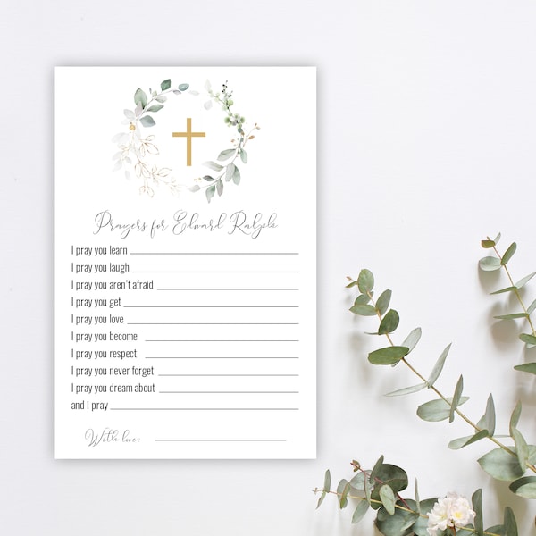 Gold Greenery Prayers For Baby Card Template, 100% Editable, Printable Card, Baptism Card, Prayers For Baby, Templett, Instant Download, P31