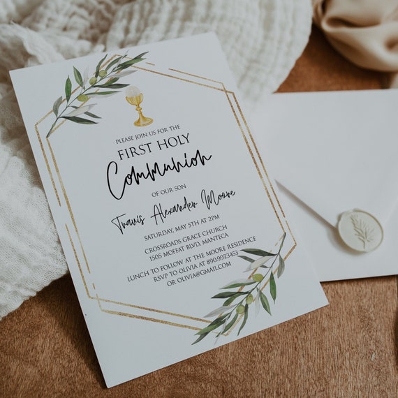 First Communion Invitation Template Download Boy First Holy Communion With Olive Branch 1st Communion Invitation Gender Neutral Templett P22