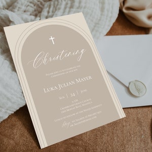 May include: A beige and white invitation card with a cross and the text "Christening" in cursive. The invitation is for the christening of Luka Julian Mayer on 24th June at Crossroads Grace Church in Manteca. Lunch will follow at the Mayer residence. RSVP to Allison at 890 997 3453 or allison@gmail.com.