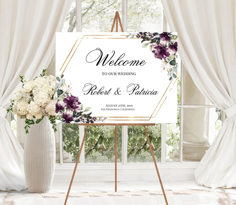Purple Gold Wedding Welcome Sign Template, Welcome to Our Wedding, 100% ...
