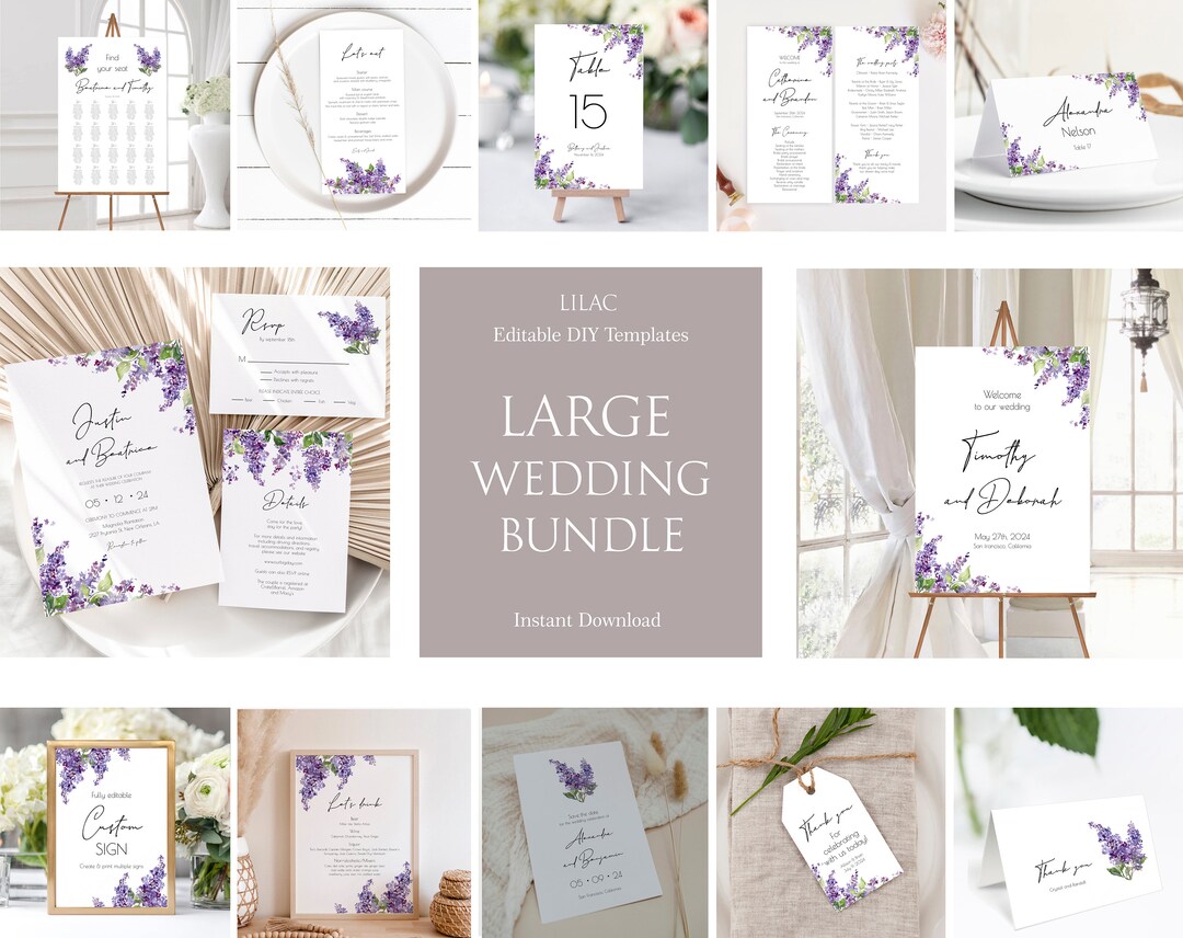 Lilac Floral Wedding Invitation Template Set, Purple Floral Wedding