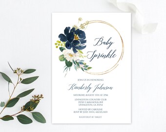 Boy Baby Sprinkle Invitation, Greenery Baby Sprinkle Invitation Template, Editable Baby Sprinkle, Baby Sprinkle, Navy Sprinkle Invite, P19