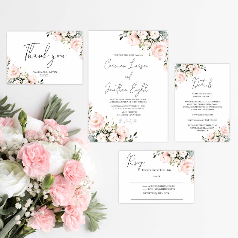 Puede incluir: Conjunto de invitaciones de boda con dise&ntilde;os florales. La invitaci&oacute;n presenta un dise&ntilde;o floral rosa y verde con el texto "Carmen Larson y Jonathan English". La tarjeta RSVP tiene el texto "RSVP Responda amablemente antes del 20 de junio". La tarjeta de detalles tiene el texto "Detalles &iexcl;Ven por el amor, qu&eacute;date para la fiesta!"