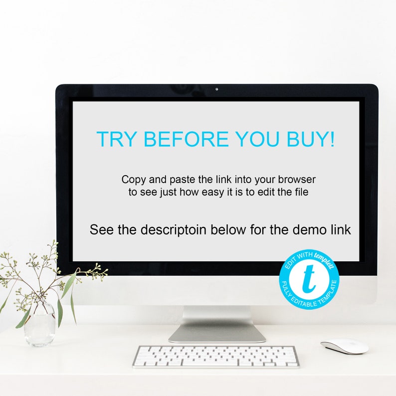 Puede incluir: Una pantalla de ordenador que muestra el texto "TRY BEFORE YOU BUY!" con instrucciones para copiar y pegar un enlace en un navegador para ver lo f&aacute;cil que es editar un archivo. Tambi&eacute;n se muestra el texto "See the description below for the demo link". Un c&iacute;rculo azul con el texto "EDIT WITH template t FULLY EDITABLE TEMPLATE" es visible en la esquina inferior derecha de la pantalla.