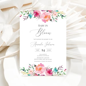 Baby In Bloom Teal Pink Baby Shower Invitation Template Floral Baby Shower Invite Editable Girl Baby Sprinkle Boho Pink Florals Templett P47