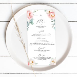 Pfingstrosen Taufe Menükartenvorlage, Blumenmenü, religiöse Menükarten, 100% bearbeitbar, DIY Abendmenü, Eukalyptus, Boho, Templett, P71