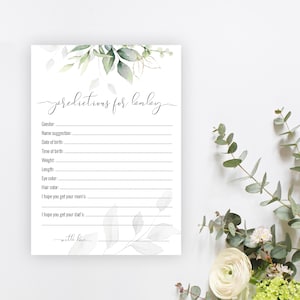 Carte de prédiction Gold Greenery Baby, Prédictions pour bébé, Jeu de baby shower imprimable, Carte de statistiques pour bébé, Téléchargement instantané, Templett, P31