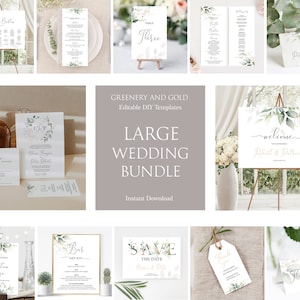 Puede incluir: Un gran paquete de boda con acentos de vegetación dorada. El paquete incluye plantillas imprimibles para un cartel de bienvenida, números de mesa, tarjetas de guardar la fecha, tarjetas de agradecimiento y más.
