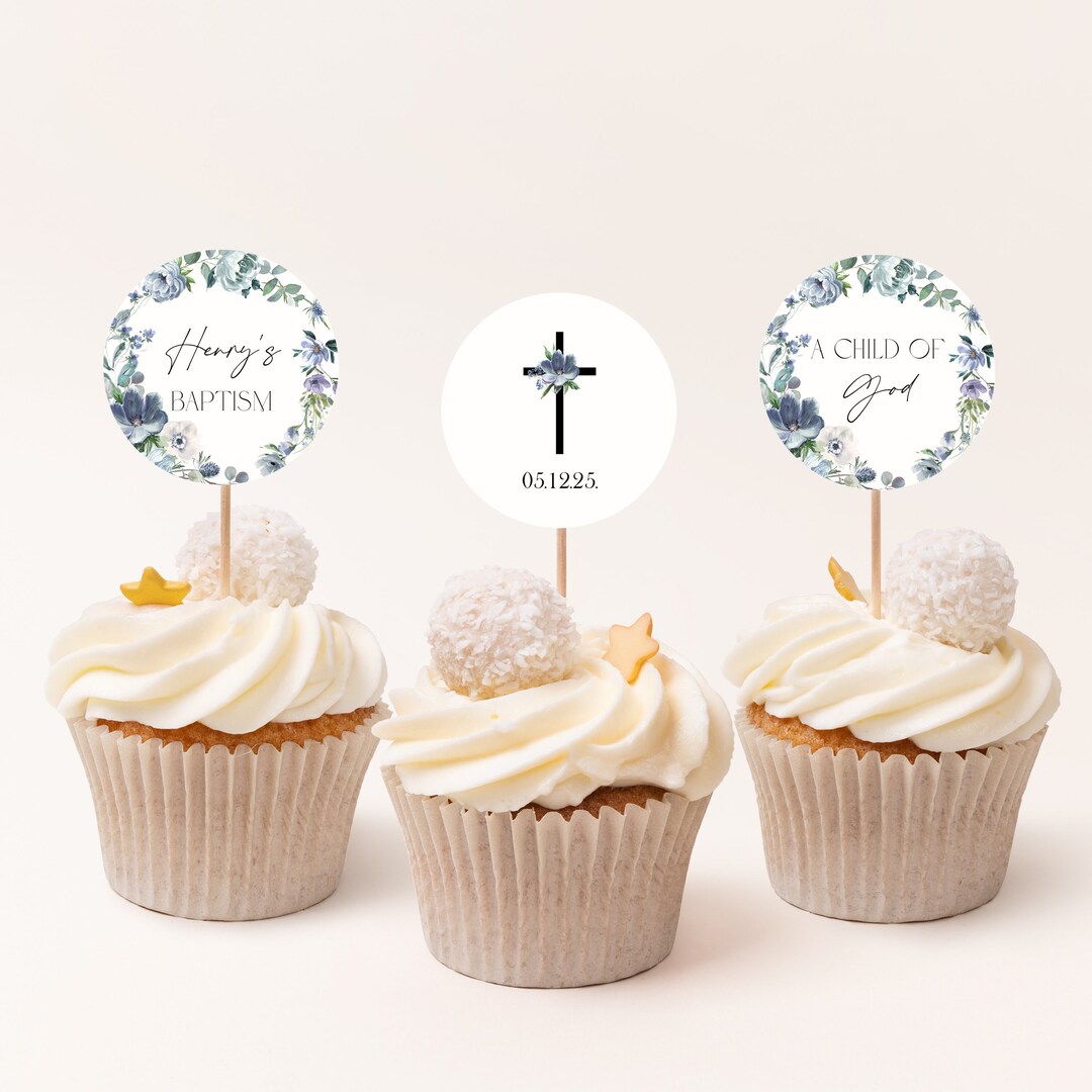 Boy Baptism Cupcake Toppers, Blue Floral Cupcake Topper Template, Dusty